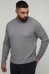 Herren Plus Basic Regular Fit Gerippter Strickpullover Grey Größe 3XL