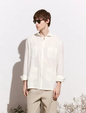 Camisa lisa de lino de hombre estilo guayabera - Green Coast - FashionsVida