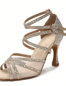 Cm Zapatos de baile latino brillantes dorados para mujer, zapatos de entrenamiento de baile social y tango profesional, tacones de boda con rhinestone - Shein - FashionsVida