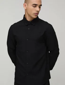 Men's Regular Fit Long Sleeve Linen Blend Shirt Black Size Medium Black M - boohooMAN - FashionsVida