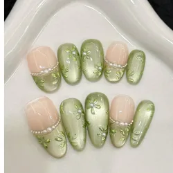 Piezas de uñas postizas de lujo hechas a mano, cortas y ovaladas, pintadas a mano con efecto ojo de gato verde, frescas y avanzadas. Uñas con 3 piez