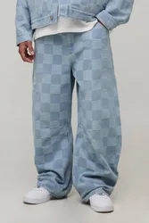 Herren Barrel Fit Schachbrett Jacquard Denim Jeans Hosen Light Blue Größe 30R