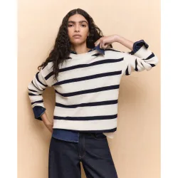 Jersey cuello barco y manga larga con microcinta rayas de mujer
