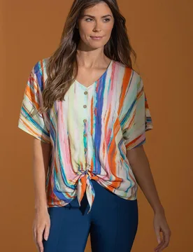 Women's Painted Stripe Tie Front Top Size: 2XL - Multicolor - Size: 2XL - Klass. - FashionsVida