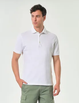Polo bianca in piquè di cotone con colletto aperto alla francese - Rodolfo Pellizzari - FashionsVida