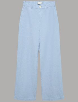 Pantaloni Wide Leg Cotone con Tasche e Vita Media