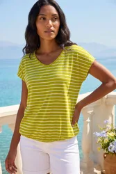Stripe Print V-Neck Stretch Tee - Lime - Size: 10