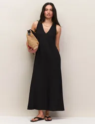 Pure Cotton Jersey V-Neck Midi Column Dress Black female