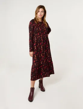 Frill High Neck Shirred Waist Paisley Dress - M/L / BLACK PATTERN - female - Blue Vanilla - FashionsVida