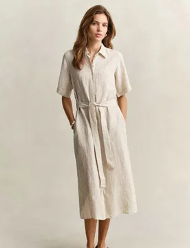 Pure Linen Striped Midi Shirt Dress Beige female - Gant - FashionsVida