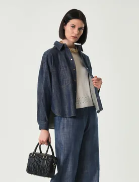 Overshirt blu in denim di cotone con doppia tasca sul petto - Hlo! - FashionsVida