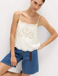 Broderie Tie Side Cami Top with Linen Ivory female