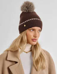 Knitted Faux Fur Pom Beanie Hat Chocolate female