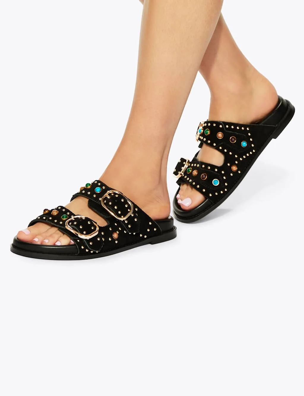 Suede Embellished Flat Sandals Black Mix female - Kurt geiger - FashionsVida