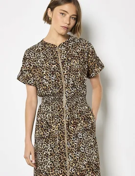 Women's Leopard Print Zip-Down Mini Dress in Brown Size: 16 - Brown - Size: 16 - Apricot - FashionsVida