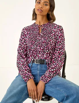 Women's Printed Shirred Tie Neck Top Size: 20 - Multicolor - Size: 20 - Roman - FashionsVida