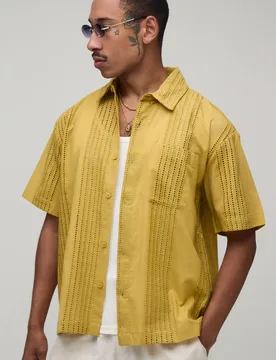 Men's Oversized Embroidered Stripe Short Sleeve Shirt Yellow Size X-Small Yellow XS - boohooMAN - FashionsVida