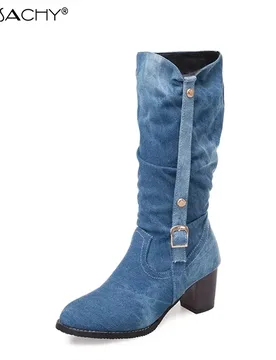 Sexy Jean Boots Women's Long Tube Short Boot Winter High Heel Denim Boot Lady Stylish Jeans Boots Buckle Strap Shoes Cowboy - Aliexpress - FashionsVida