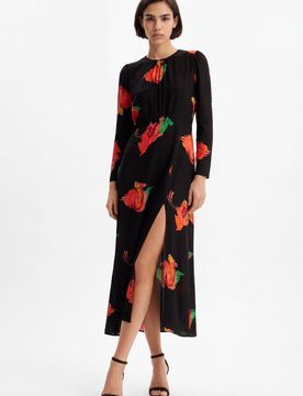 Robe longue ouverture fleurs, Viscose, Noir, XS
