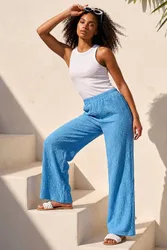 Women's Textured Wide Leg Stretch Trouser in Blue Size: 12 - Blue - Size: 12