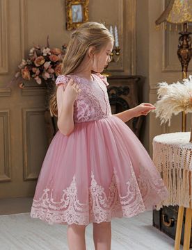 Vestido de princesa de tul con mangas de capa y ribete de encaje para niña, adecuado para regalo de cumpleaños, fiesta, banquete, actuación escolar