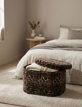 Pouf con stampa leopardata e funzione contenitore - marrone