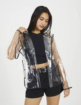 Women's Clear Hooded Festival Rain Mac Jacket With Contrasting Binding Size: Large/XL - Multicolor - Size: L/XL - Brave soul - FashionsVida