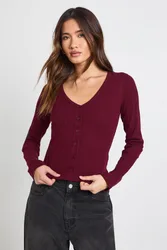 Womens Ribbed Button Through V Neck Long Sleeve Top - Wine Cotton - Size 14 Uk