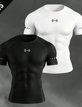 Pieza Camiseta deportiva de manga corta raglán con estampado de mancuerna, ajuste ceñido para hombres, verano, gimnasio, vacaciones - Shein - FashionsVida