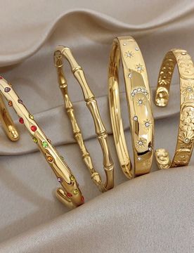 Set/1 Pieza Brazalete de Lujo Vintage de Bambú con Circonita Arcoíris Sol Estrella, Joyería de Acero Dorado para Mujeres, para Uso Diario, Fiesta,