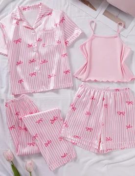 Piezas Conjunto de pijama para niñas, con decoración de lazo a rayas rosadas, top sin mangas, shorts, ropa de estar en casa casual - Shein - FashionsVida