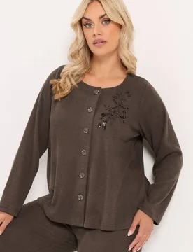 Women's Soft Touch Embroidered Cardigan Sweater in Chocolate Size: 22-24 - Chocolate - Size: 22-24 - Yours - FashionsVida