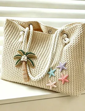 Bolso de playa, bolso de paja tejida con decoración de estrella de mar y árbol de coco, uso de vacaciones de verano para mujeres (gancho de colgante - Shein - FashionsVida