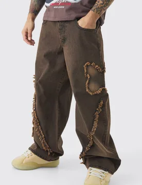 Men's Butterfly Applique Washed Baggy Fit Jeans Brown Size 36R Brown 36R - boohooMAN - FashionsVida