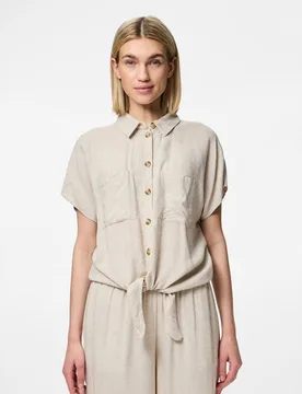 Camisa de lino y manga corta de mujer - Pieces - FashionsVida