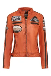 Women's Leather Biker Racing Badges Jacket-Agadir in Orange Size: 10 - Orange - Size: 10