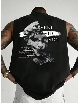 Pieza Camiseta de tirantes casual de verano para hombres con cuello redondo y estampado, adecuada para deportes, fitness y uso diario - Shein - FashionsVida