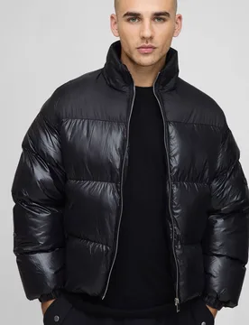 Men's Boxy Fit High Shine Nylon Mix Funnel Neck Puffer Jacket Black Size X-Large Black XL - boohooMAN - FashionsVida