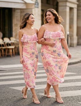 Abito midi con spalline e volant con stampa floreale - multicolor