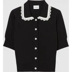 Cárdigan de punto de mujer con encaje, manga corta y cuello camisero