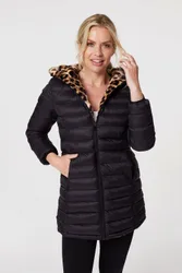Women's Reversible Leopard Faux Fur Puffer Jacket in Black Size: 16 - Black - Size: 16