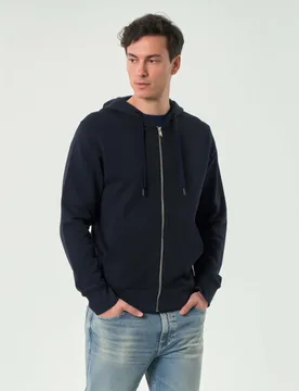 Felpa blu con cappuccio e chiusura zip in puro cotone - BOSS - FashionsVida