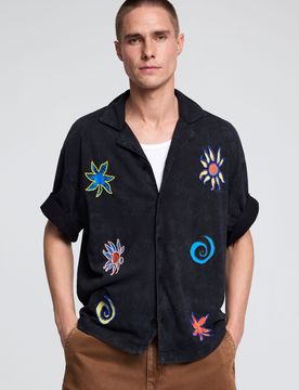 Chemise en coton brodée, , Coton, Noir, S