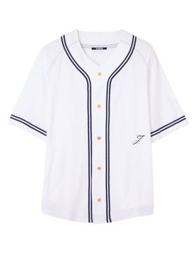 Boxy Fit V-Neck Baseball Shirt with Embroidered Letter J