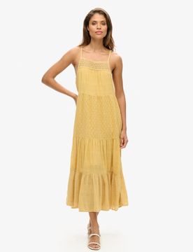 Superdry Damen Vintage Maxi-trägerkleid mit Spitze Gelb - Größe: 38