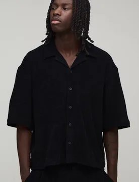 Men's Oversized Boxy Towelling Shirt Black Size X-Large Black XL - boohooMAN - FashionsVida