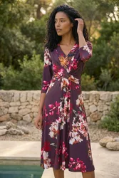 Womens Floral Crossover Stretch Midi Dress - Wine - Size 20 Uk