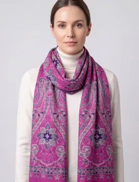Women's Vibrant Paisley Wool Mix Print Scarf with Tassels in Fuchsia - Fuchsia - Size: One Size - Vellin - FashionsVida