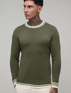 Herren Groß Geschnittenes Muskelbetontes Strick-Oberteil Aus Baumwollmischung Mit Kontrastierenden Abschlüssen Olive Größe 2XL - boohooMAN - FashionsVida