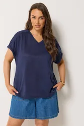 Linen Look T-Shirt - Dark Navy - Size: 14